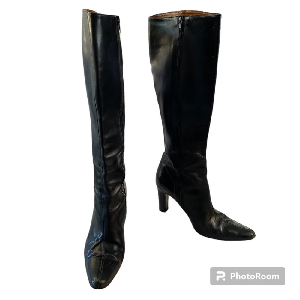 J Crew Women's Knee High Stacked Heel Leather Boots Size 9 Black Made In Italy